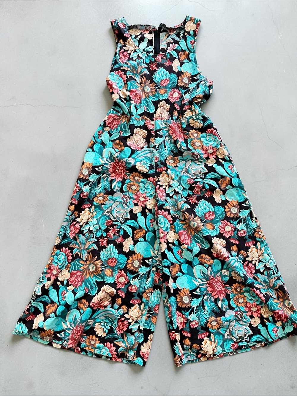 Vintage 70s 80s Handmade Floral Wide Leg Jumpsuit Bohemian Teal Coral